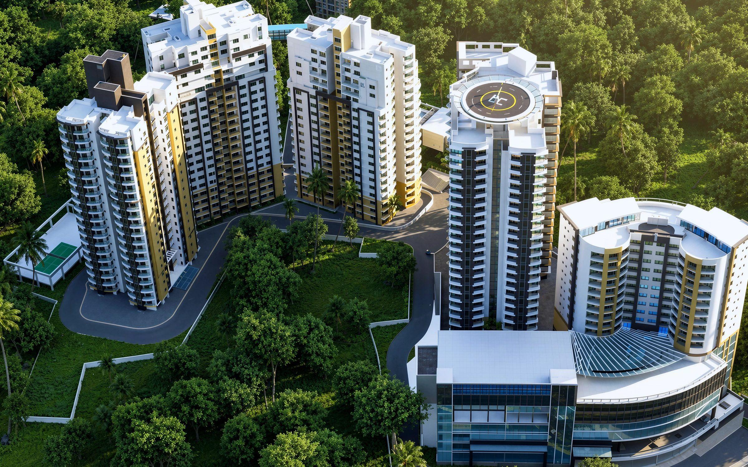 Acropolis by Landmark, Kerala: aerial view of residential towers with a rooftop helipad, set in tropical greenery