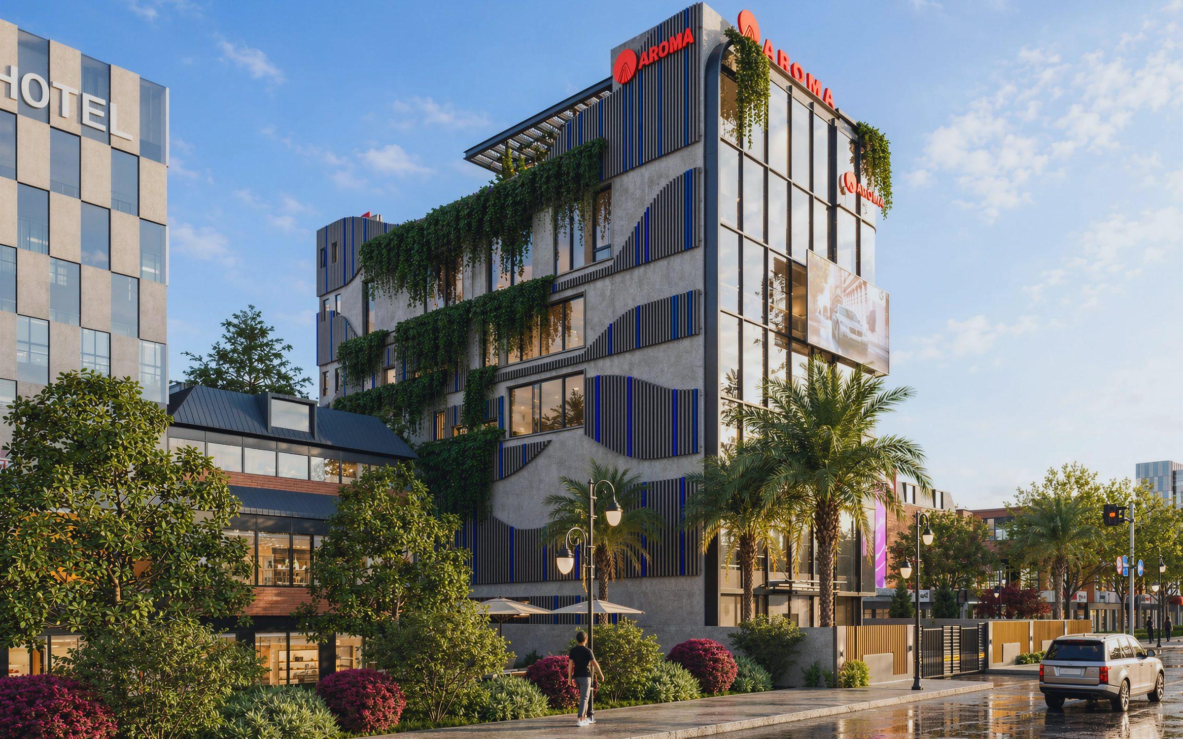Aroma, a hotel with planted facades and blue fins on a rain-washed city street