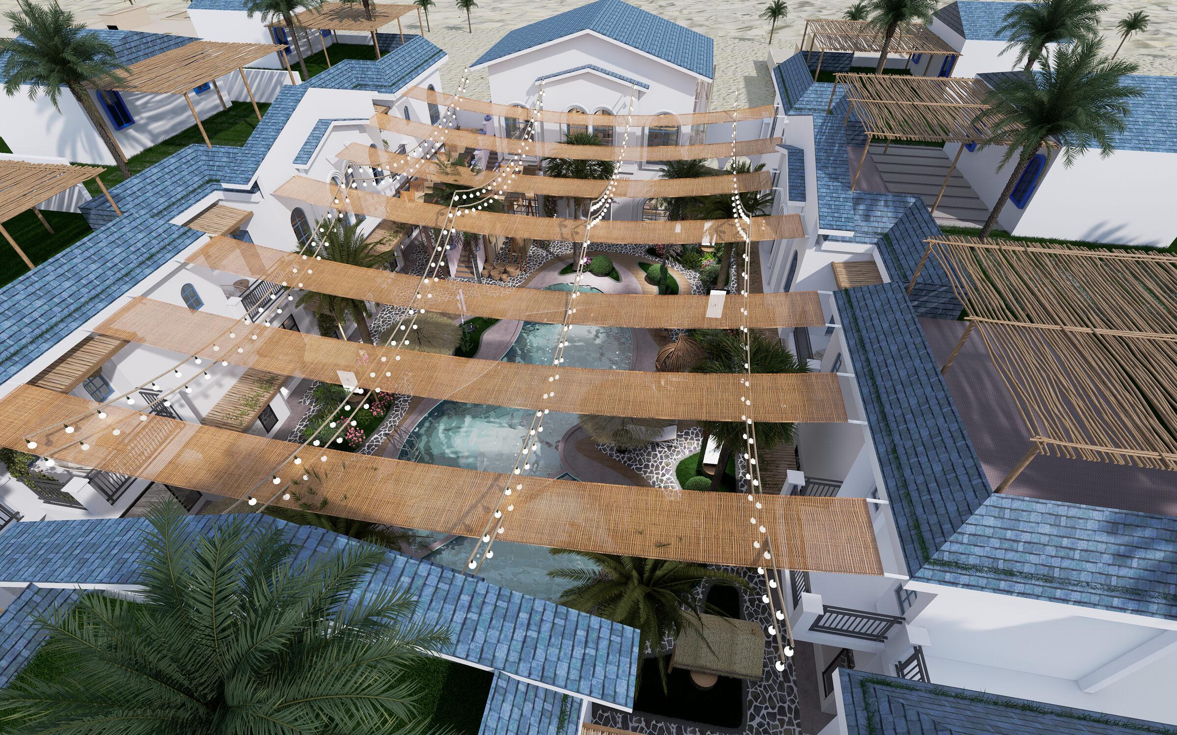 Resort in Dubai, aerial view of the courtyards and shaded walkways